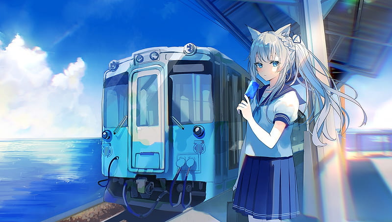 nekomimi anime girl, train, school uniform, animal ears, Anime, HD wallpaper
