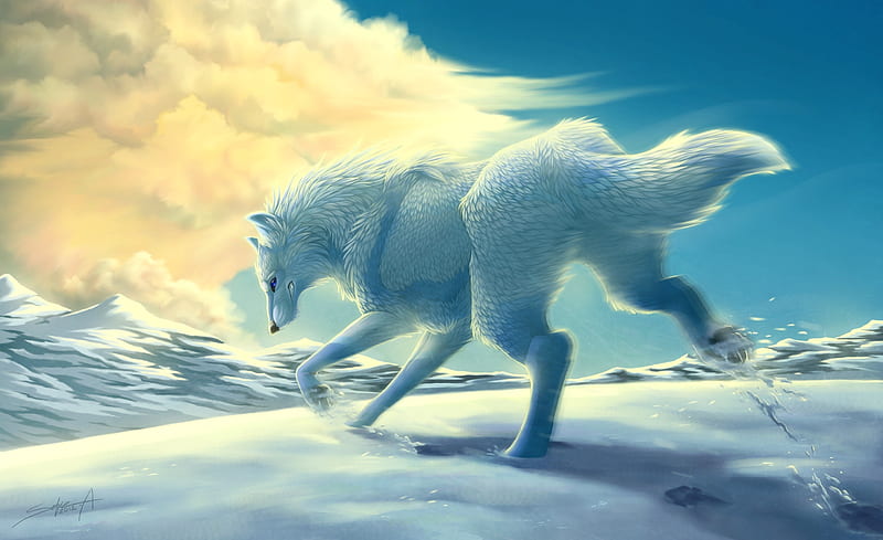 Ghost, game of thrones, lup, wolf, blue, winter, art, cloud, iarna, fantasy, snow, white, HD wallpaper