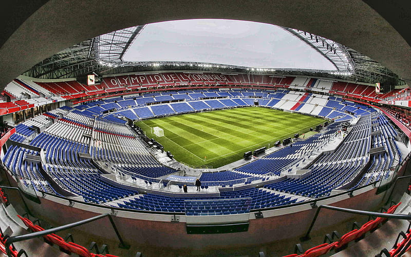 Olympique Lyonnais stadium Stade des Lumieres, empty stadium, Groupama Stadium, Parc Olympique Lyonnais, French stadiums, sports arenas, Lyon, France, HD wallpaper