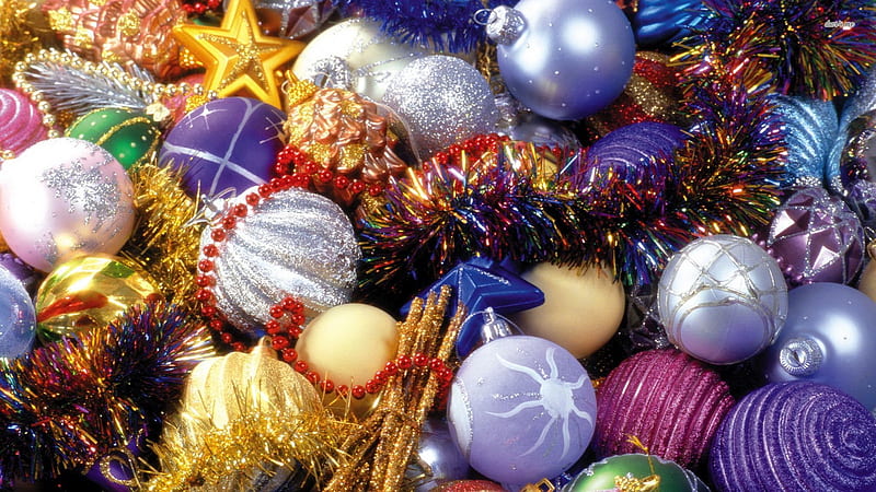 Colourful Baubles And Tinsel, And, Tincel, Baubles, Colourful, HD wallpaper