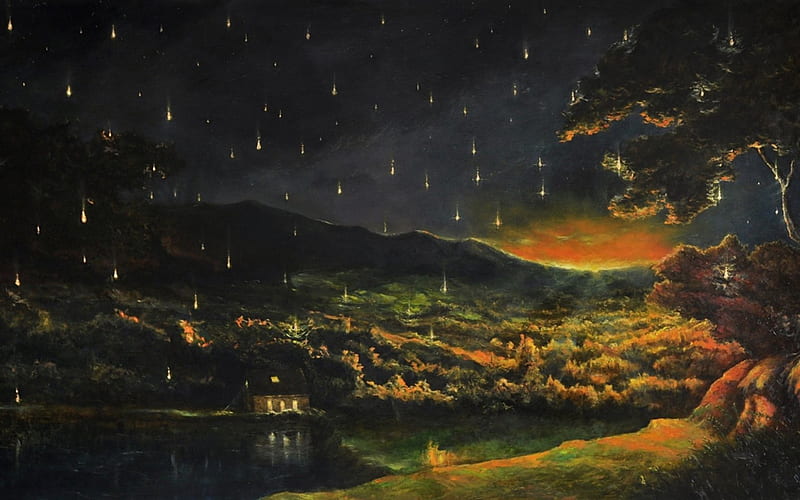 Stargazing, art, tree, fantasy, luminos, orange, night, HD wallpaper