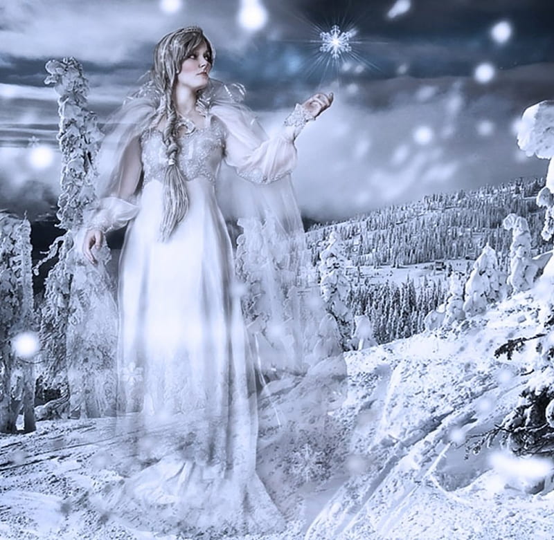 *Winter Lady*, forest, fantasy land, winter, snowland, winter lady, fantasy, fantasy girl, snow, snowflakes, lady, HD wallpaper