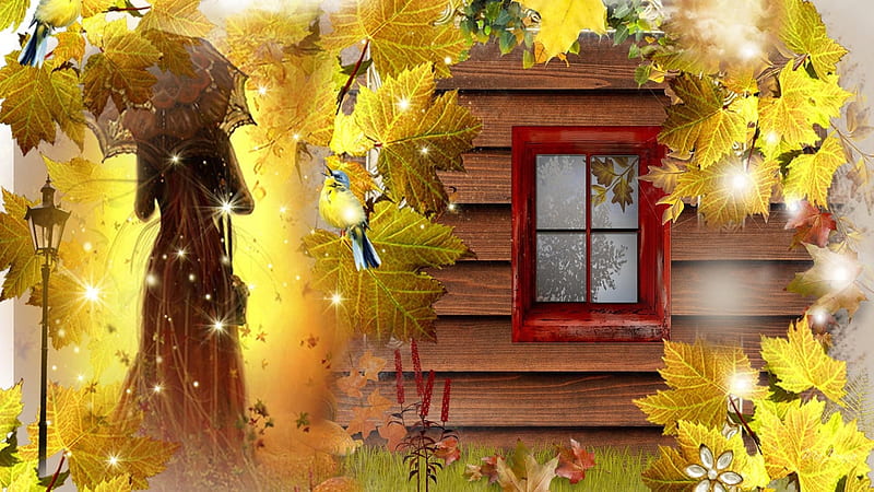 An Old Fashioned Fall, window, lady, fall, autumn, leaves, lamppost, leaf, HD wallpaper
