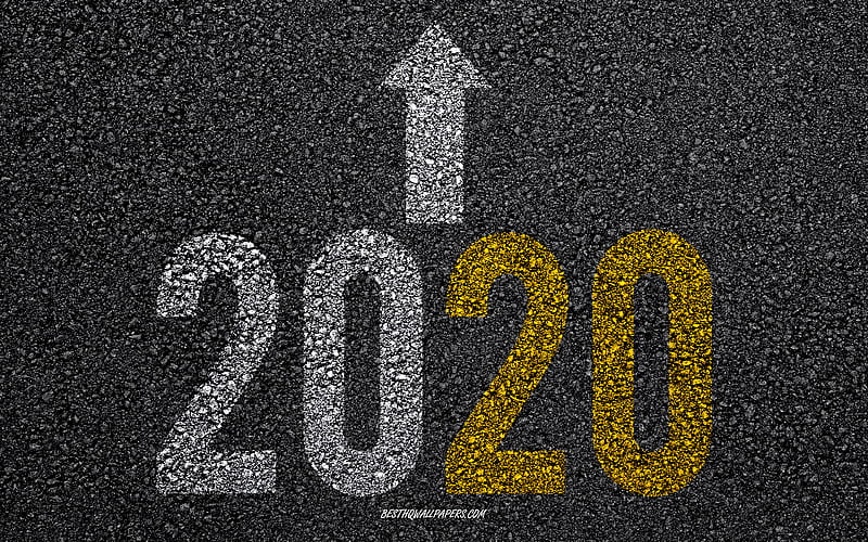 2020 year concepts, numbers on the pavement, New Year 2020, white arrow, asphalt texture, 2020 background, 2020 on the road, 2020 concepts, HD wallpaper