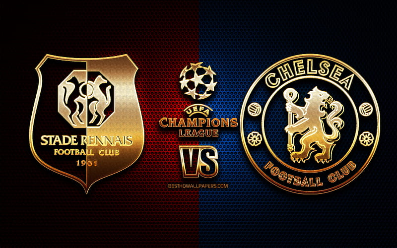 Stade Rennais vs Chelsea, season 2020-2021, Group E, UEFA Champions League, metal grid backgrounds, golden glitter logo, Chelsea FC, Stade Rennais FC, UEFA, HD wallpaper