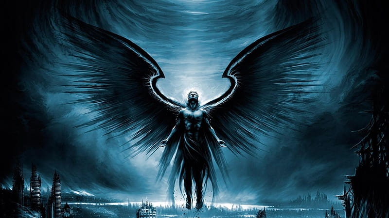 Angel of the apocalypse, art, angel, man, abstract, apocalypse, fantasy, nice, cool, dark, awesome, blue, HD wallpaper