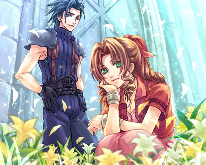 Zack ♡ Aerith, pretty, guy, green eyes, floral, sweet, nice, anime, love, handsome, hot, final fantasy, anime girl, long hair, couple, female, male, lovely, brown hair, aerith, sexy, short hair, cute, boy, cool, girl, blue hair, zack, flower, lover, petals, field, HD wallpaper