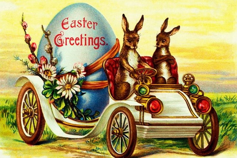 Easter Greetings, egg, painting, cart, flowers, bunnies, artwork, vintage, HD wallpaper