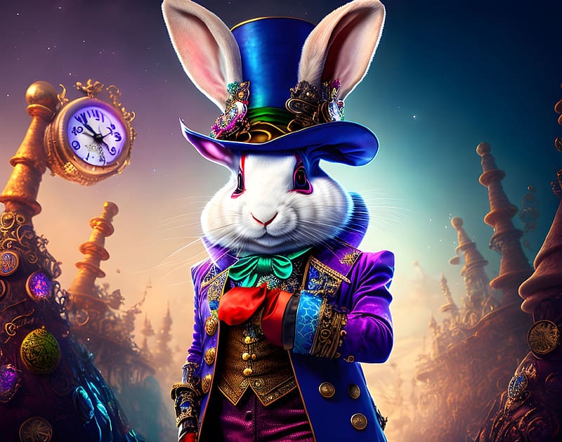 The White Rabbit, bunny, white, fantasy, steampunk, xararax, wonderland, rabbit, hat, iepure, HD wallpaper