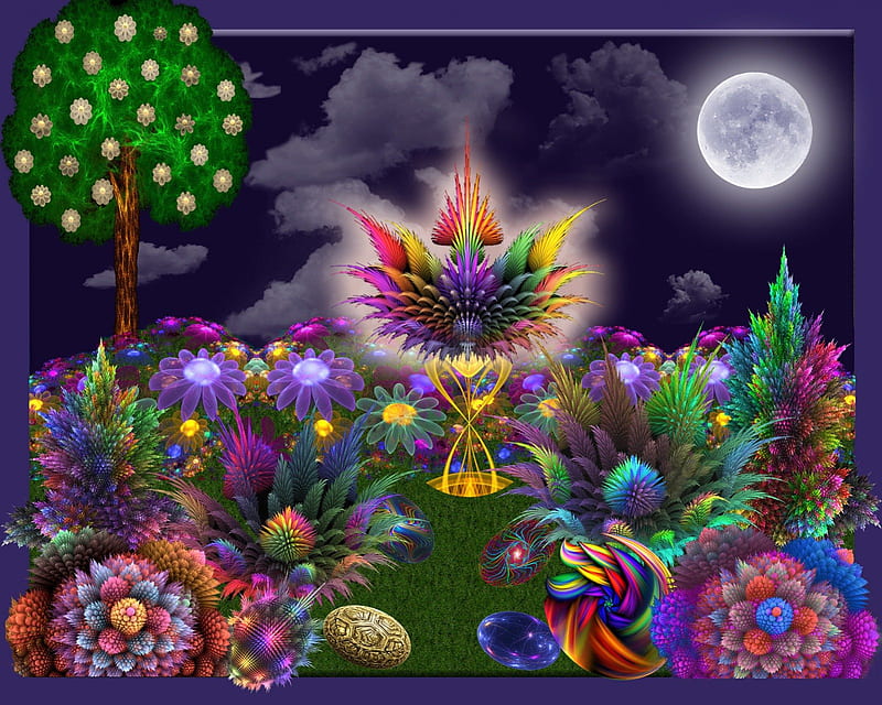 ✰Full Moonlight Garden✰, wonderful, Resources, grass, full, clouds, splendor, flowers, beauty, moonlit, lovely, sky, trees, cool, splendidly, garden, Apophysis, colorful, Wolfepaw, bonito, elements, Fractal Art, moon, 3D, Abstract, Digital Art, magnificent, miracle, light, amazing, hopCS, marvelous, colors, Apo, HD wallpaper