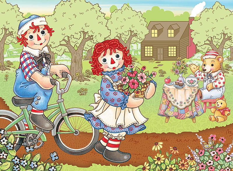 Bike Ride, bike, raggedy, ride, andy, ann, jigsaw, HD wallpaper