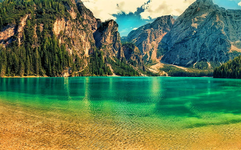 Lake Braies, R, summer, forest, mountain lake, mountains, Lago Di Braies, beautiful nature, Dolomites, italian nature, South Tyrol, Italy, Europe, HD wallpaper