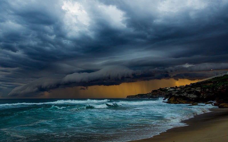 sea, storm, storm clouds, beach, coast, HD wallpaper