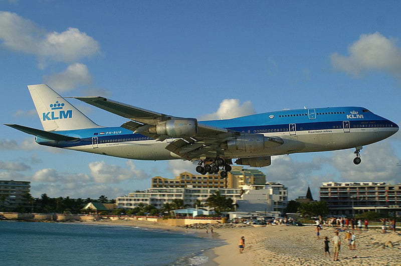 St Maarten Landing, boeing 747, st maarten, caribbean, klm, HD wallpaper