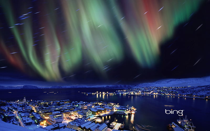 Hammerfest Norway Northern Lights over-Bing, HD wallpaper