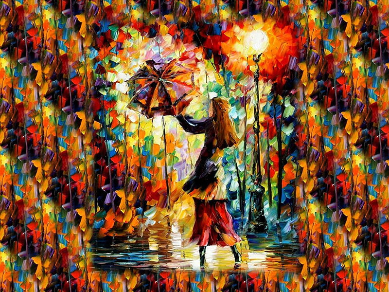Lady With Umbrella F2, art, afremov, painting, umbrella, leonid afremov, lady, artwork, HD wallpaper