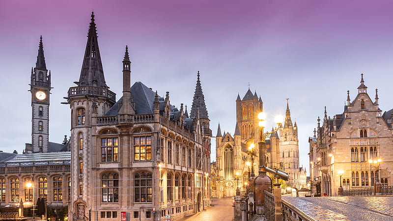 Architecture Belgium City Ghent Under Purple Sky During Evening Travel, HD wallpaper
