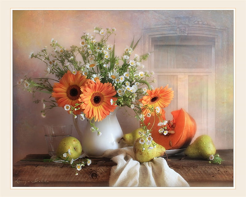 still life, pretty, orange, fruits, vase, fruit, graphy, nice, pumpkin, gerbera, flowers, beauty, harmony, lovely, window, delicate, pears, bouquet, flower pot, HD wallpaper