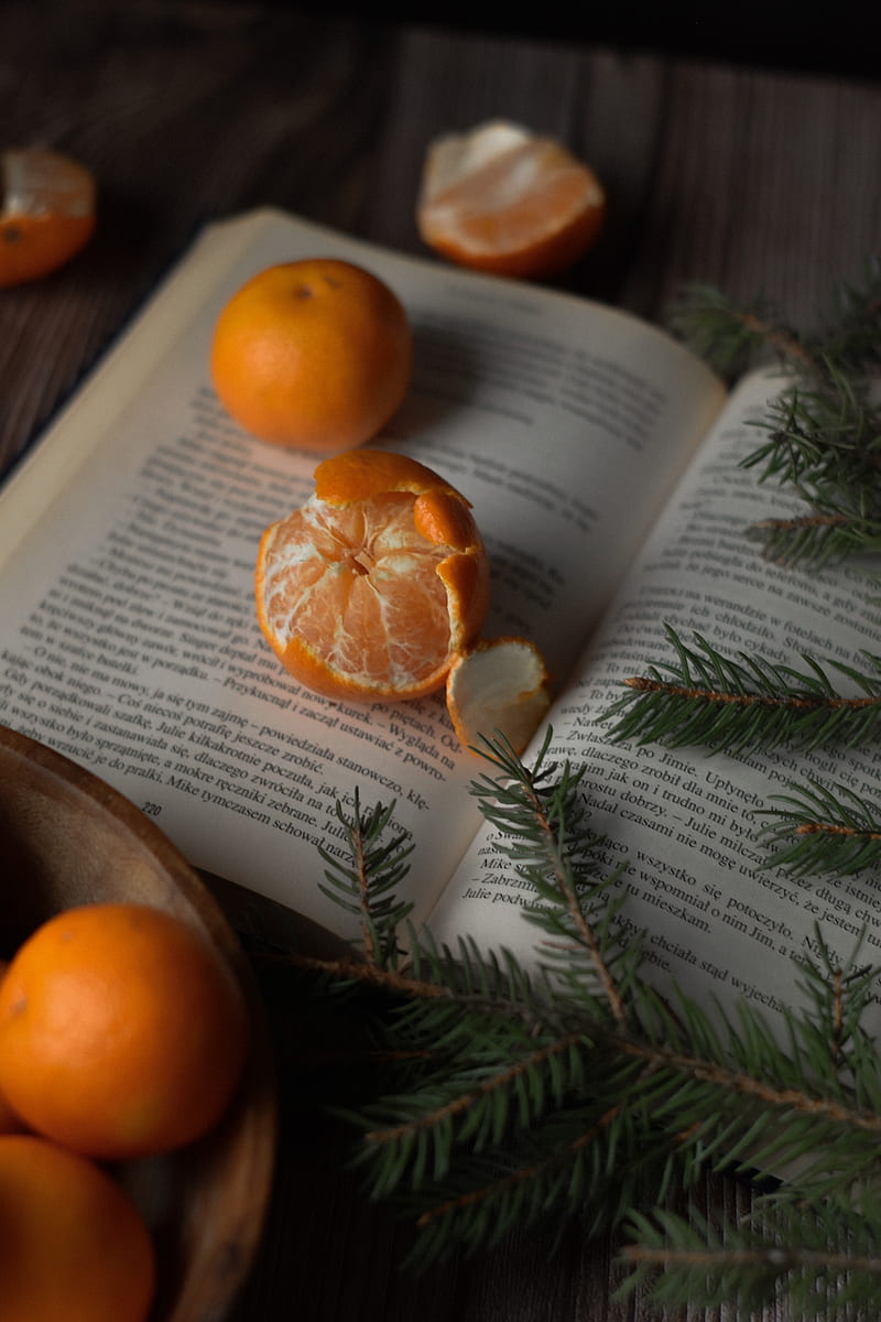 tangerines, book, branches, spruce, fruit, citrus, HD phone wallpaper