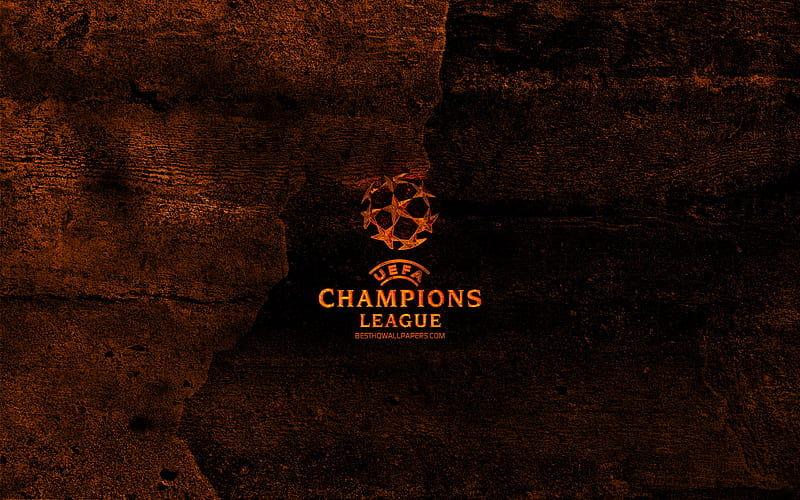 UEFA Champions League fiery logo, orange stone background, UEFA Champions League, creative, UEFA Champions League logo, football leagues, HD wallpaper