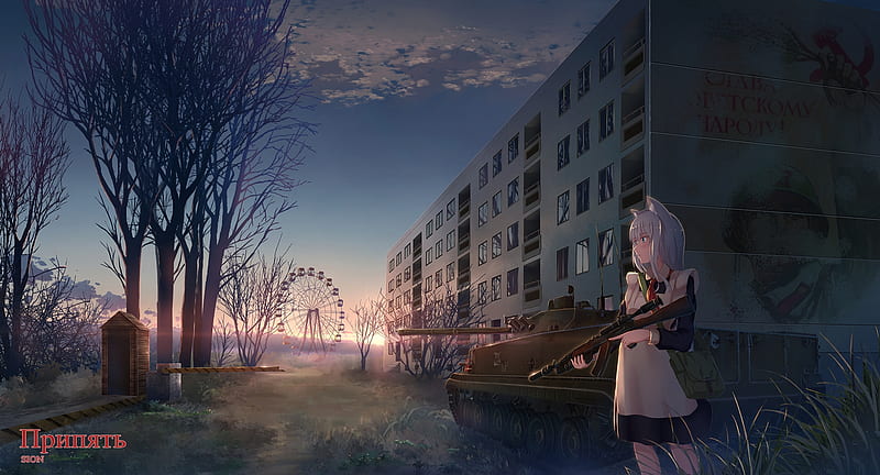 anime girl, animal ears, sunset, russia, chernobyl, maid dress, Anime, HD wallpaper