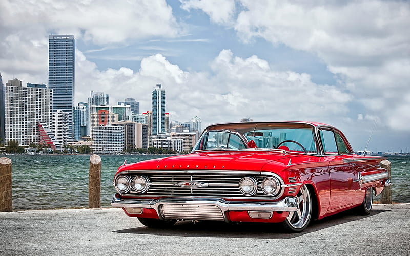 1960 Chevrolet Impala, red, impala, city, water, chevy, vintage, HD wallpaper