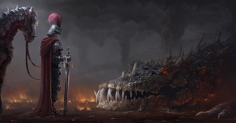 Red knight, fantasy, luminos, man, dragon, andrew palyanov, art, armor, helmet, feather, HD wallpaper