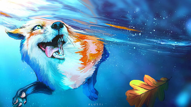 fox, tongue protruding, water, under water, swim, art, HD wallpaper