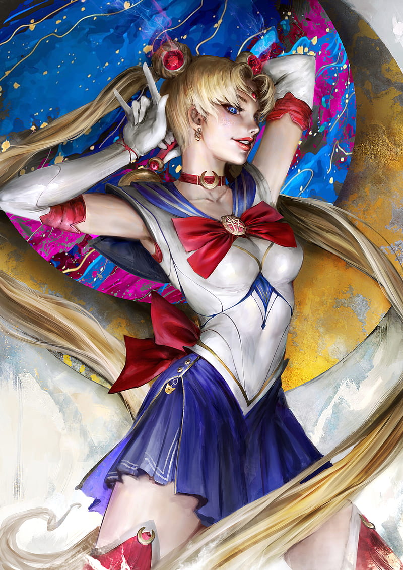 Daniel Kamarudin, artwork, Sailor Moon, women, ArtStation, arms up, blonde, long hair, standing, blue eyes, hand gesture, HD phone wallpaper