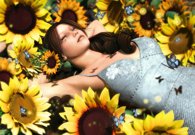 Bright of Sunshine, pretty, sleep, yellow, attractions in dreams, bonito, digital art, hair, 3D and CG, sunflowers, bright, flowers, butterfly designs, animals, female, lovely, colors, love four seasons, creative pre-made, butterflies, characters, weird things people wear, summer, HD wallpaper