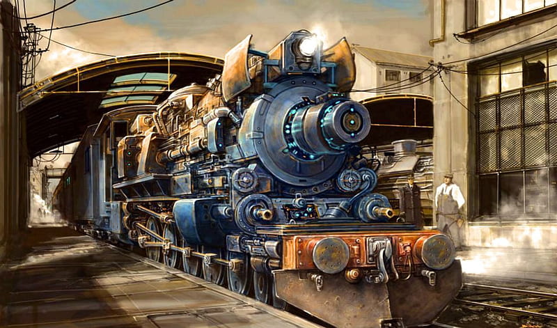 Steampunk Train, locomotive, station, steam, railways, artwork, HD wallpaper