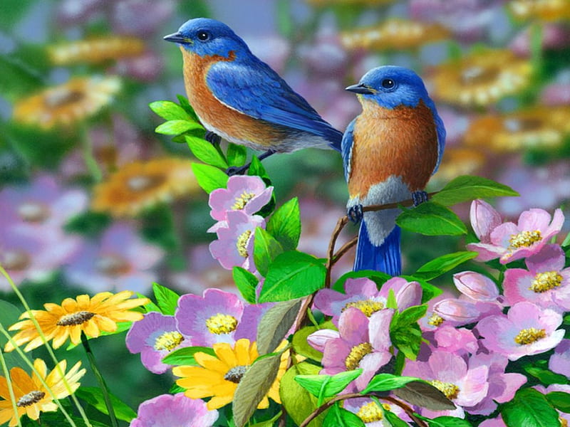 Summer blues-detail, pretty, art, lovely, birds, bonito, park, paionting, tree, painting, summer, blossoms, flowers, garden, blues, blooming, branches, HD wallpaper