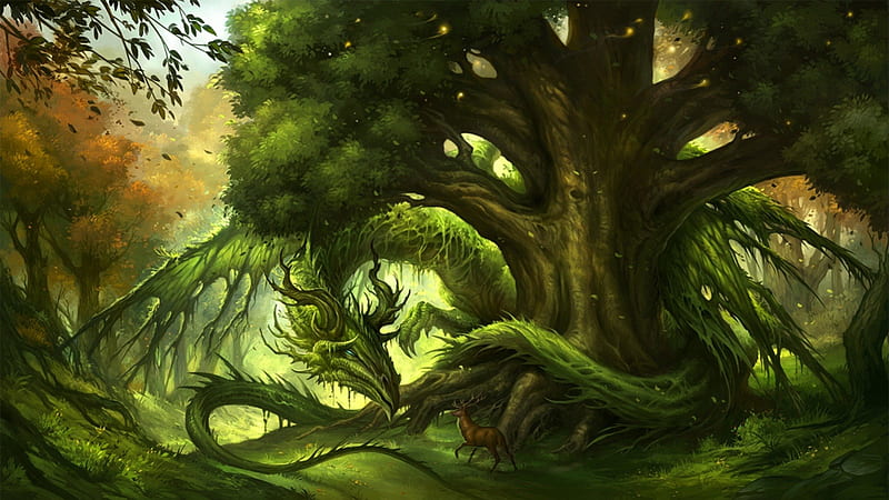 Nature Dragon, Spikes, Claws, Forest Dragon, Horns, Tree, Nature, Guardian, HD wallpaper