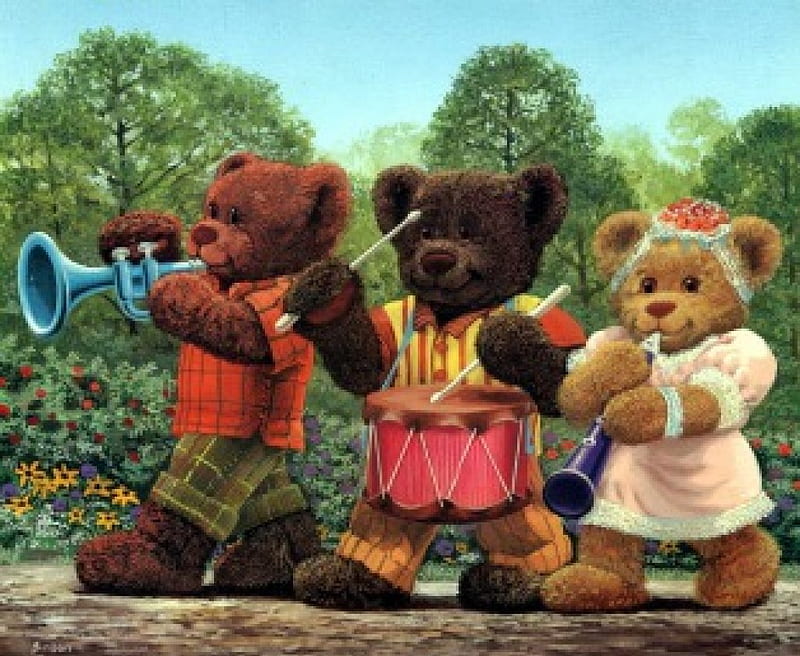 Bears in Concert, painting, instruments, teddybears, artwork, HD wallpaper