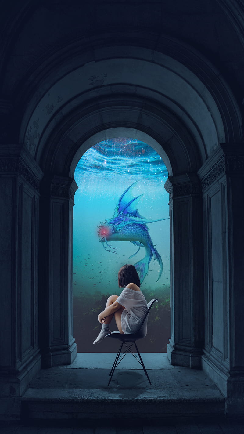 Creature in Water, Artyns, alone, blue, dark, eye, girl, hair, home, lonely, monster, ocean, old, old home, red eye, sea, sexy, shadow, sitting, surreal, underwater, unreal, watch, HD phone wallpaper