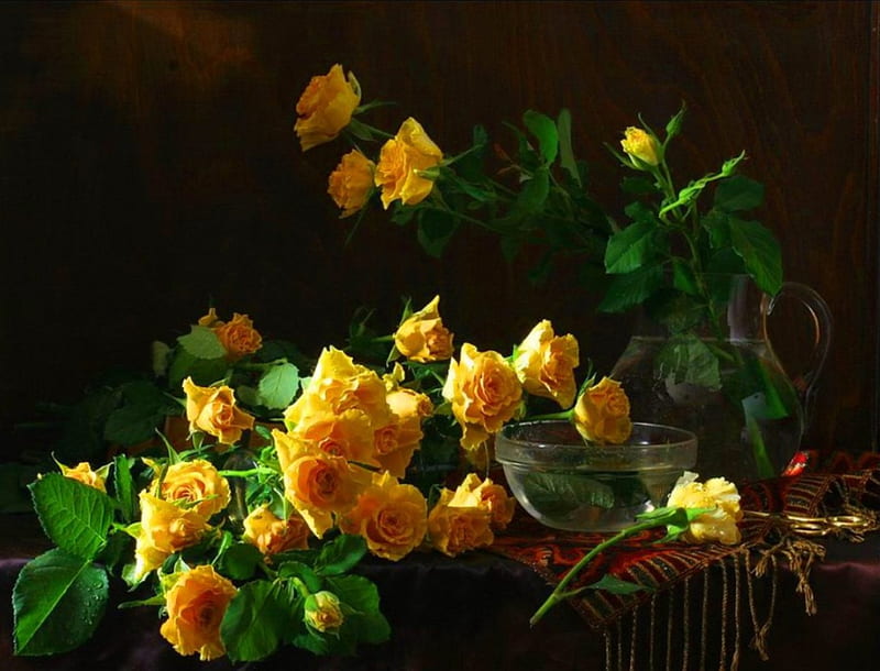 Yellow roses from garden, table, fresh, yellow, vase, bonito, roses, buds, delicate, freshness, flowers, garden, nature, petals, blooming, HD wallpaper