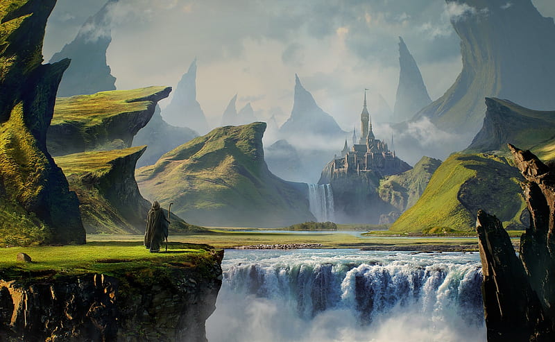 fantasy landscape, wanderer, fantasy world, castle, waterfall, staff, artwork, Fantasy, HD wallpaper