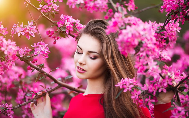 Beauty Red Blossom Girl Model Flower Spring Woman Pink Hd