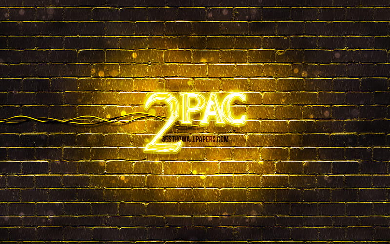 2pac yellow logo superstars, american rapper, yellow brickwall, 2pac logo, Tupac Amaru Shakur, 2pac, music stars, 2pac neon logo, HD wallpaper