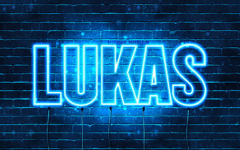 Lukas with names, horizontal text, Lukas name, blue neon lights, with Lukas name, HD wallpaper