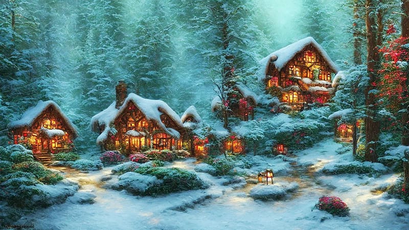 Ginger bread cottage in a dark forest, houses, snow, winter, artwork, painting, trees, HD wallpaper