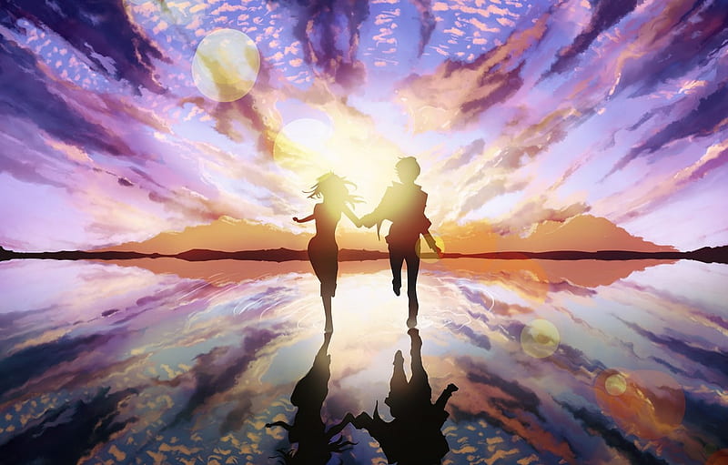 girl, the sun, love, art, pair, love, guy, the ripples on the water, two, art, couple, run, holding hands for , section ситуации, Romance Art, HD wallpaper