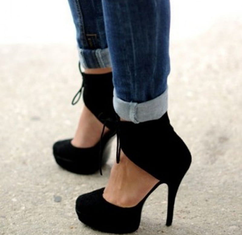My good shoes, high heels, legs, black suede, beauty, woman denim jeans ...