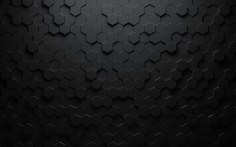 black hexagons, 3D textures, honeycomb, hexagons patterns, hexagons textures, black backgrounds, hexagons 3D texture, HD wallpaper