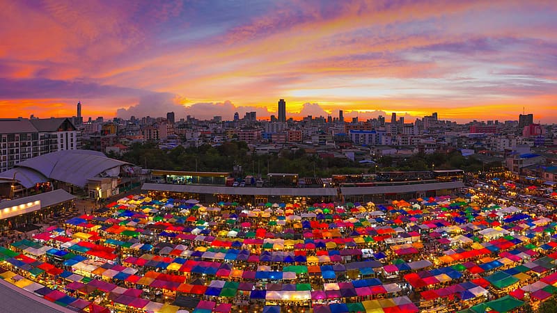 Cities, Sunset, City, Building, Colorful, Cityscape, Thailand, Bangkok, Market, HD wallpaper