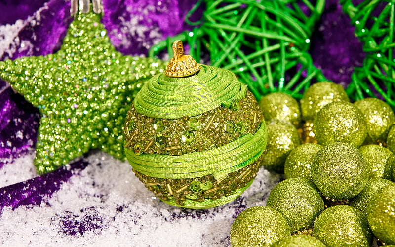 Green Christmas ball, Happy New Year, Christmas, background, postcard, snow, winter, Happy Christmas, HD wallpaper