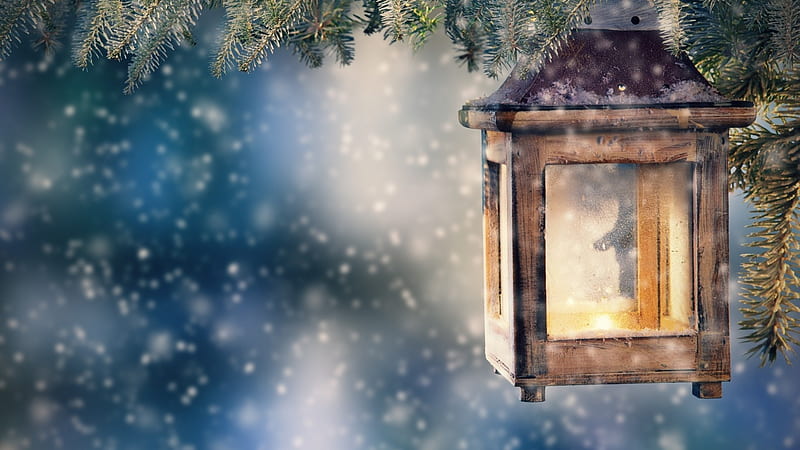 Lantern, holiday, christmas, winter, warmth, snow, snowflakes, snowfall, light, frost, HD wallpaper