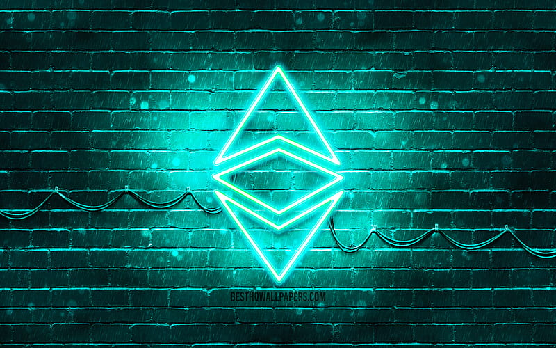 Ethereum turquoise logo turquoise brickwall, Ethereum logo, cryptocurrency, Ethereum neon logo, cryptocurrency signs, Ethereum, HD wallpaper