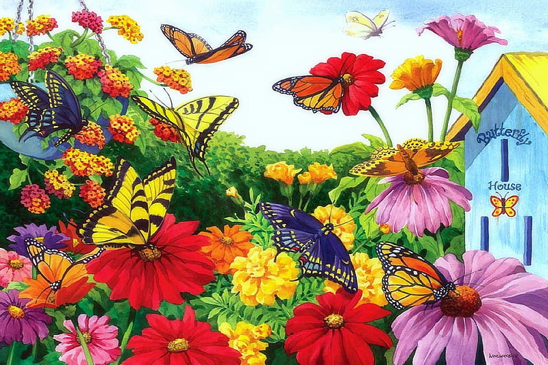 ★Garden of Butterflies★, gardening, love four seasons, butterflies, spring, attractions in dreams, creative pre-made, seasons, paintings, flowers, butterflyhouses, butterfly designs, drawings, animals, insects, HD wallpaper