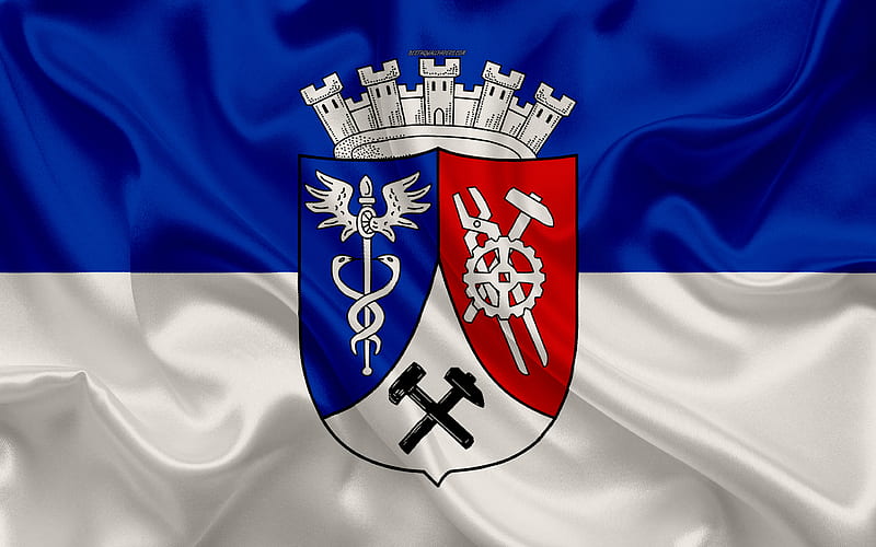 Flag of Oberhausen silk texture, blue white silk flag, coat of arms, German city, Oberhausen, North Rhine-Westphalia, Germany, symbols, HD wallpaper